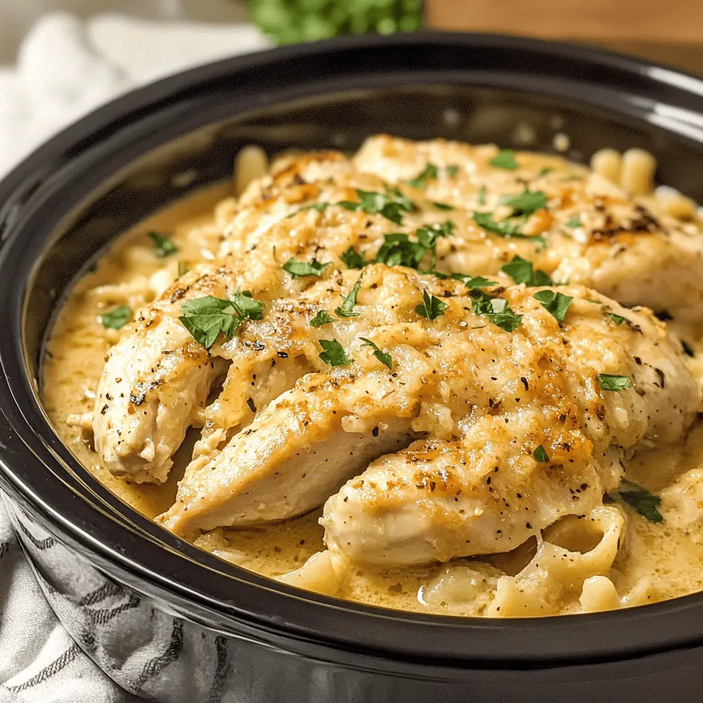 This 4 Ingredient Crockpot Garlic Parm Chicken is an effortless dinner you’ll love! With tender chicken bathed in creamy garlic Parmesan sauce, it’s a meal full of flavor. Perfect for busy weeknights or meal prep! Save this recipe for your next family gathering or cozy night in!