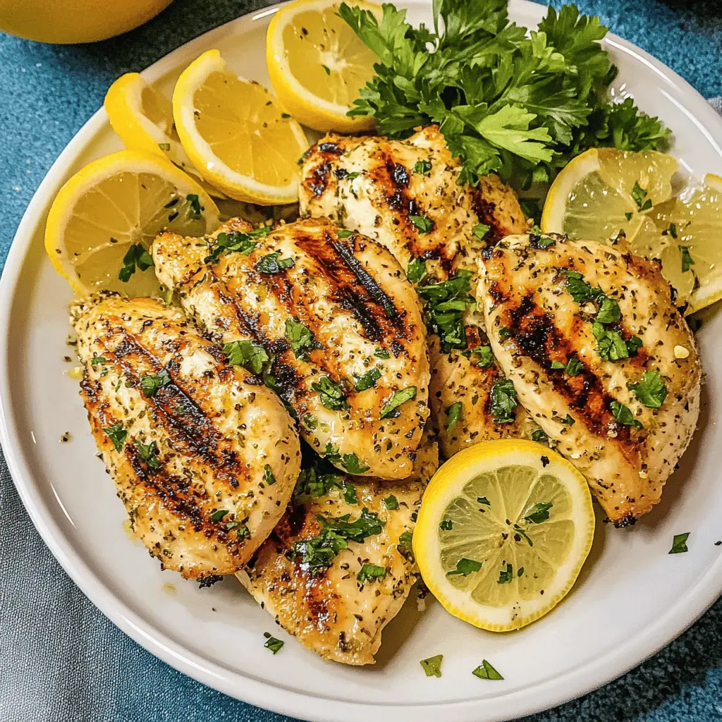 Juicy grilled chicken breasts bursting with lemon garlic flavor are perfect for any meal! This quick and easy recipe features tender chicken seasoned with fresh herbs and zesty lemon, making it a crowd-pleaser. Save this recipe for your next barbecue or dinner gathering to impress your family and friends!