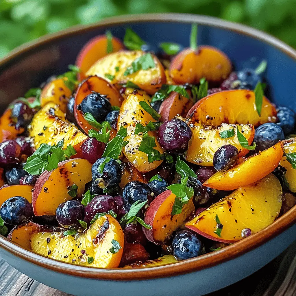 Sweet and juicy grilled peaches meet plump blueberries in this refreshing summer salad! This vibrant dish combines the rich flavors of fresh greens, creamy feta, and a light vinaigrette. Perfect as a light lunch or a barbecue side dish, you'll want to save this recipe to impress your guests at your next gathering!