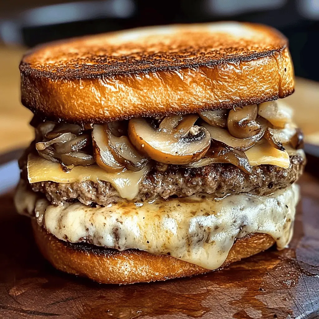 Satisfy your taste buds with this delightful Mushroom Swiss Patty Melt! Perfectly grilled beef patties topped with melty Swiss cheese and savory sautéed mushrooms, all nestled between crispy, buttery bread. Ideal for a cozy dinner or a weekend treat, save this recipe for a deliciously hearty meal anytime!