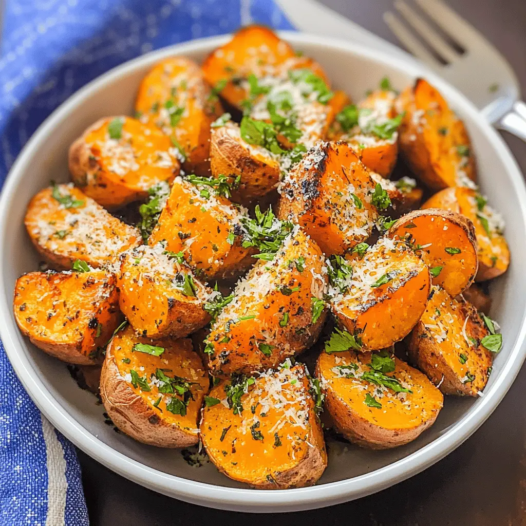 These savory sweet potatoes topped with Parmesan and fresh herbs are a delicious twist on a classic side dish! Their crispy exterior and creamy inside make them perfect for any meal. Save this recipe for your next family dinner or holiday gathering to impress your guests with a tasty, comforting treat. Get ready to fall in love with the flavors!