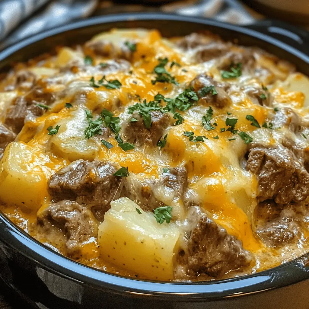Easy Slow Cooker Steak and Cheddar Potato Casserole