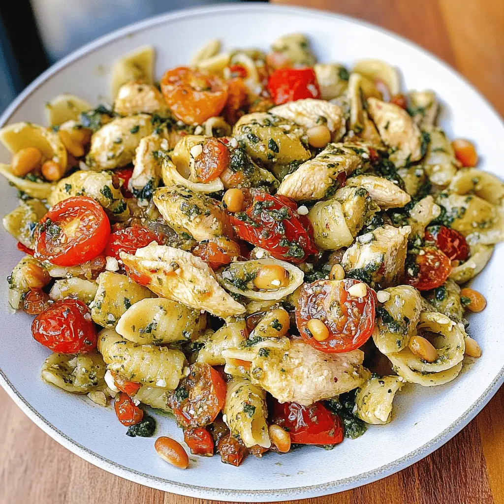 Easy Chicken Pesto Pasta with Tomatoes and Pine Nuts