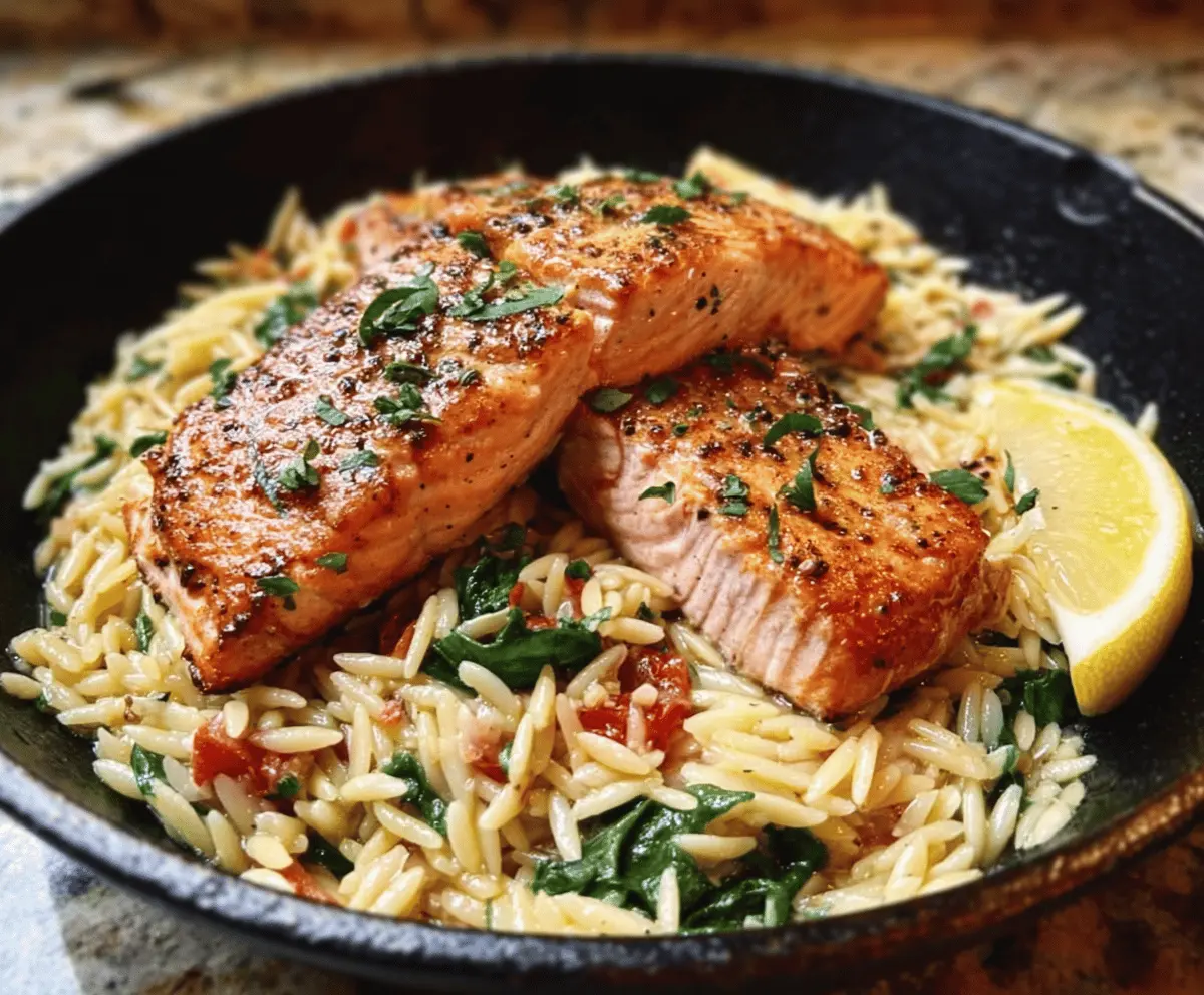 Easy One Skillet Salmon with Lemon Orzo