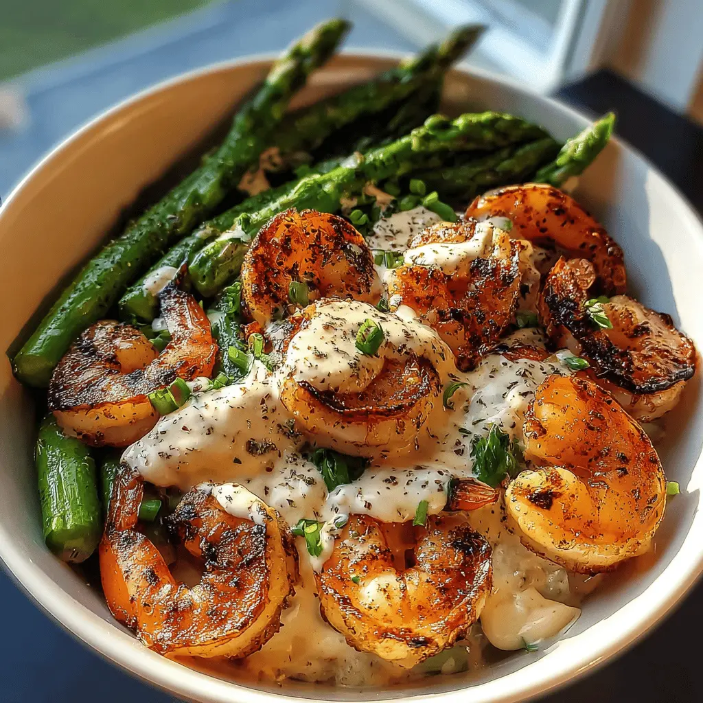 Grilled Shrimp Bowl With Asparagus and Creamy Garlic Sauce