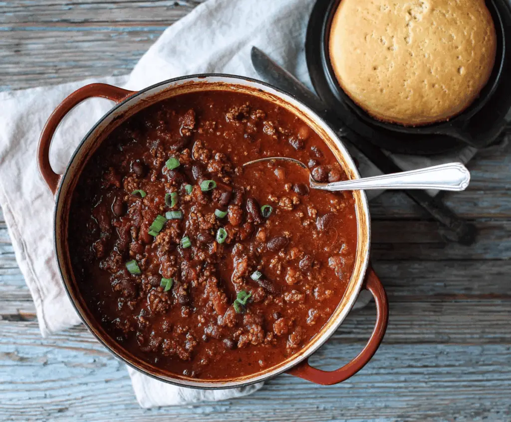 A steaming bowl of hearty 30-minute chili topped with shredded cheese and fresh cilantro, ready to serve on a kitchen counter.
