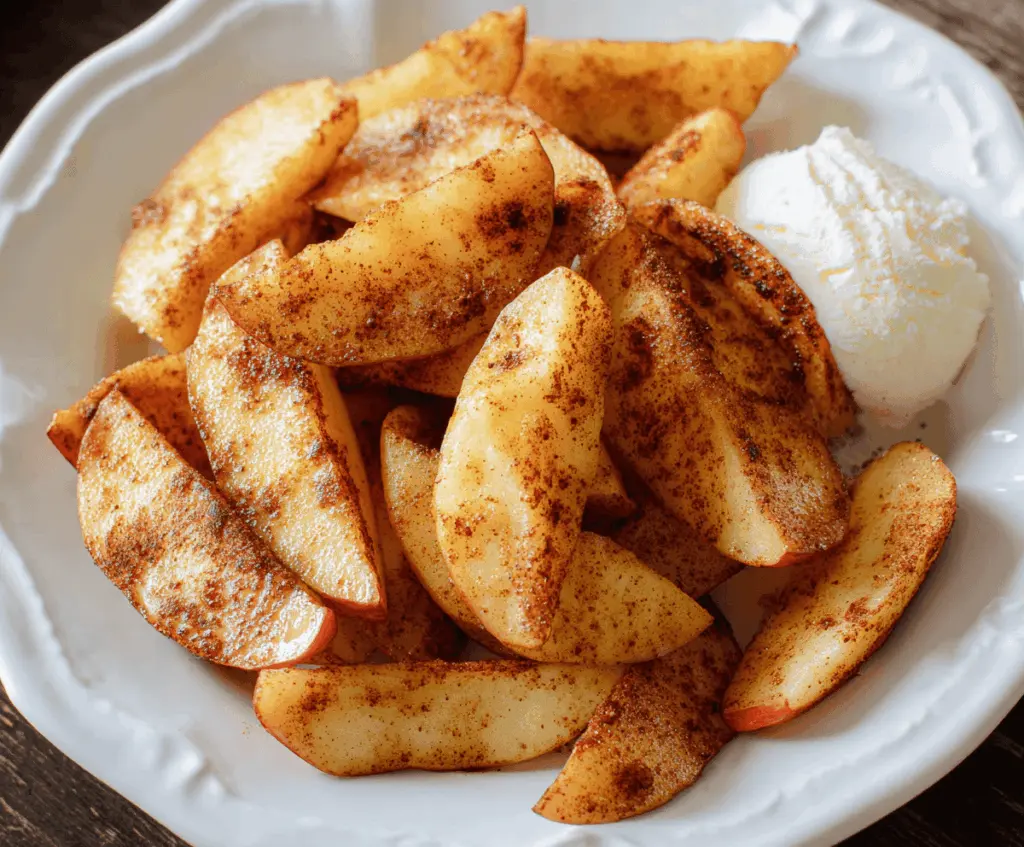 Golden crispy air fryer apples topped with cinnamon, perfect for a healthy dessert or snack.