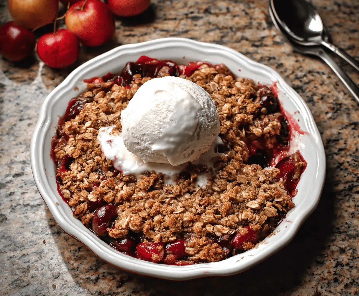 Delicious homemade apple cherry crisp topped with golden brown streusel, served in a bowl with fresh apple and cherry slices on a rustic wooden table