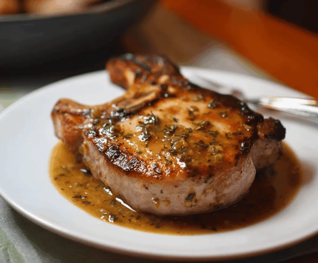 Juicy apple cider pork chops served with fresh herbs on a rustic wooden plate, perfect for a flavorful dinner