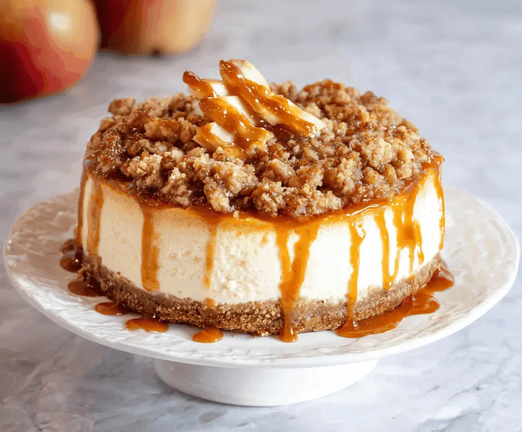 Delicious Apple Crisp Cheesecake topped with caramelized apple slices and crunchy streusel crust, perfect for fall dessert lovers.
