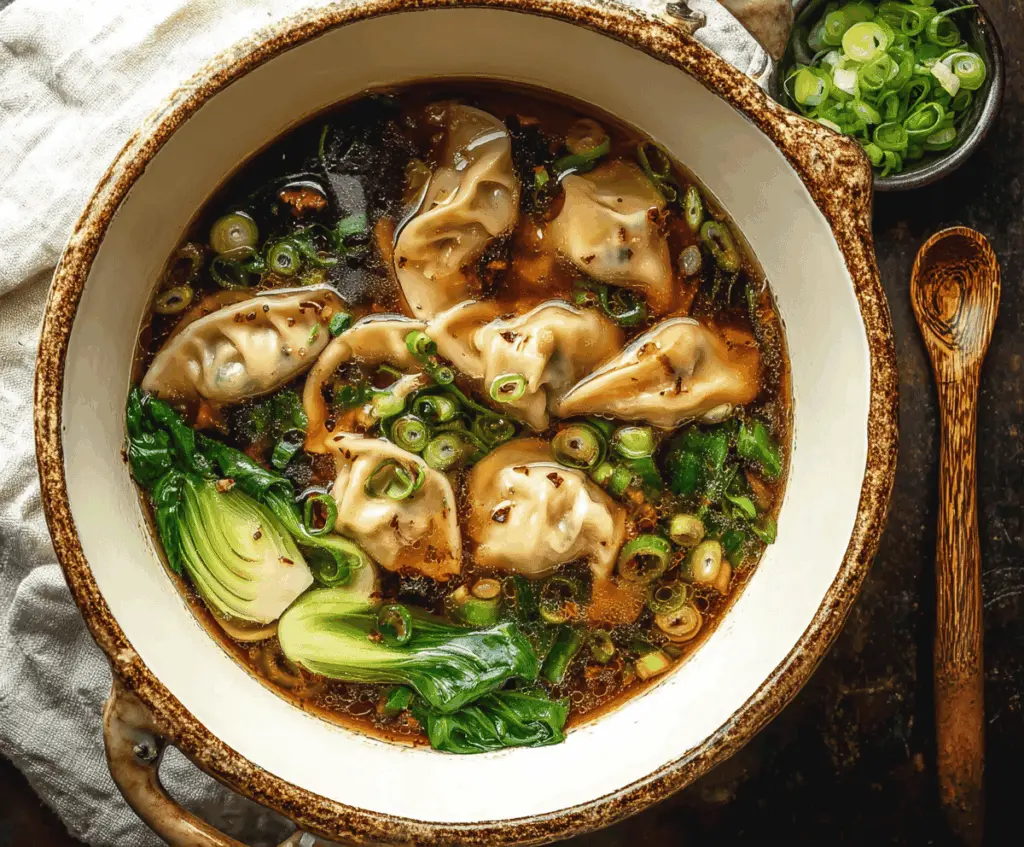 A steaming bowl of Asian Dumpling Potsticker Soup featuring golden potstickers, fresh vegetables, and aromatic broth garnished with green onions.