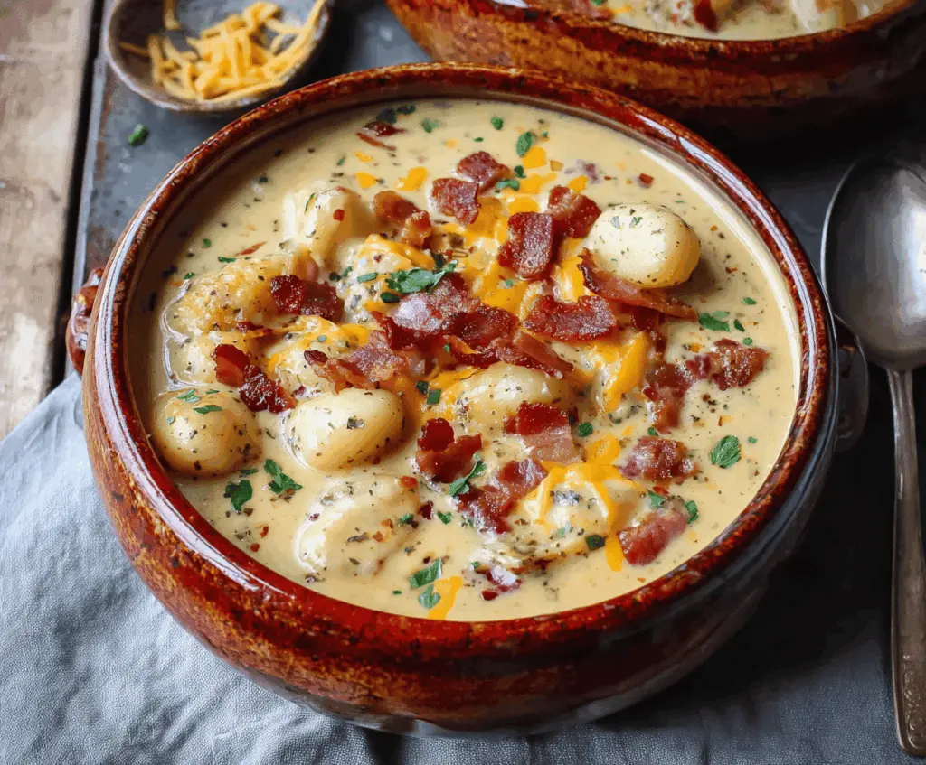 Creamy Bacon Cheddar Gnocchi Soup with crispy bacon, melted cheddar cheese, and tender gnocchi in a comforting broth