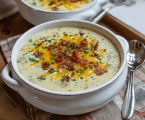 Creamy baked potato soup topped with shredded cheese, crispy bacon, and chopped green onions in a rustic bowl.