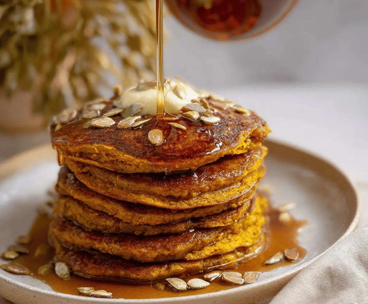 Fluffy pumpkin pancakes being blended in a kitchen blender, perfect for fall breakfast recipes