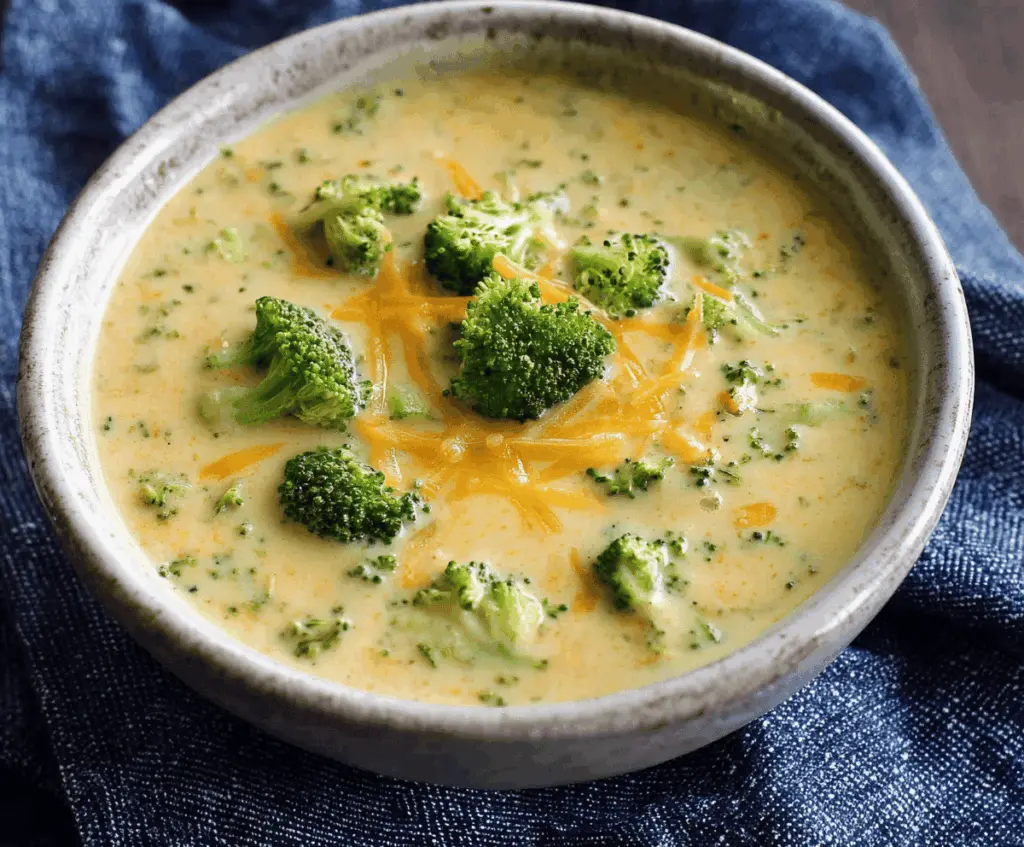 A bowl of creamy broccoli cheese soup garnished with fresh broccoli florets and shredded cheese, served with a slice of crusty bread.