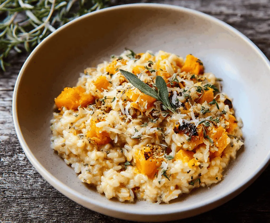 Creamy butternut squash risotto garnished with fresh herbs, served in a rustic bowl for a comforting autumn meal.