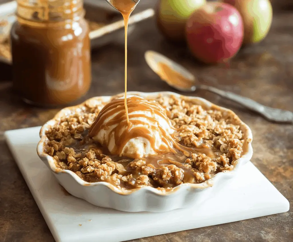 Delicious caramel apple crisp topped with golden brown oats and cinnamon served in a bowl