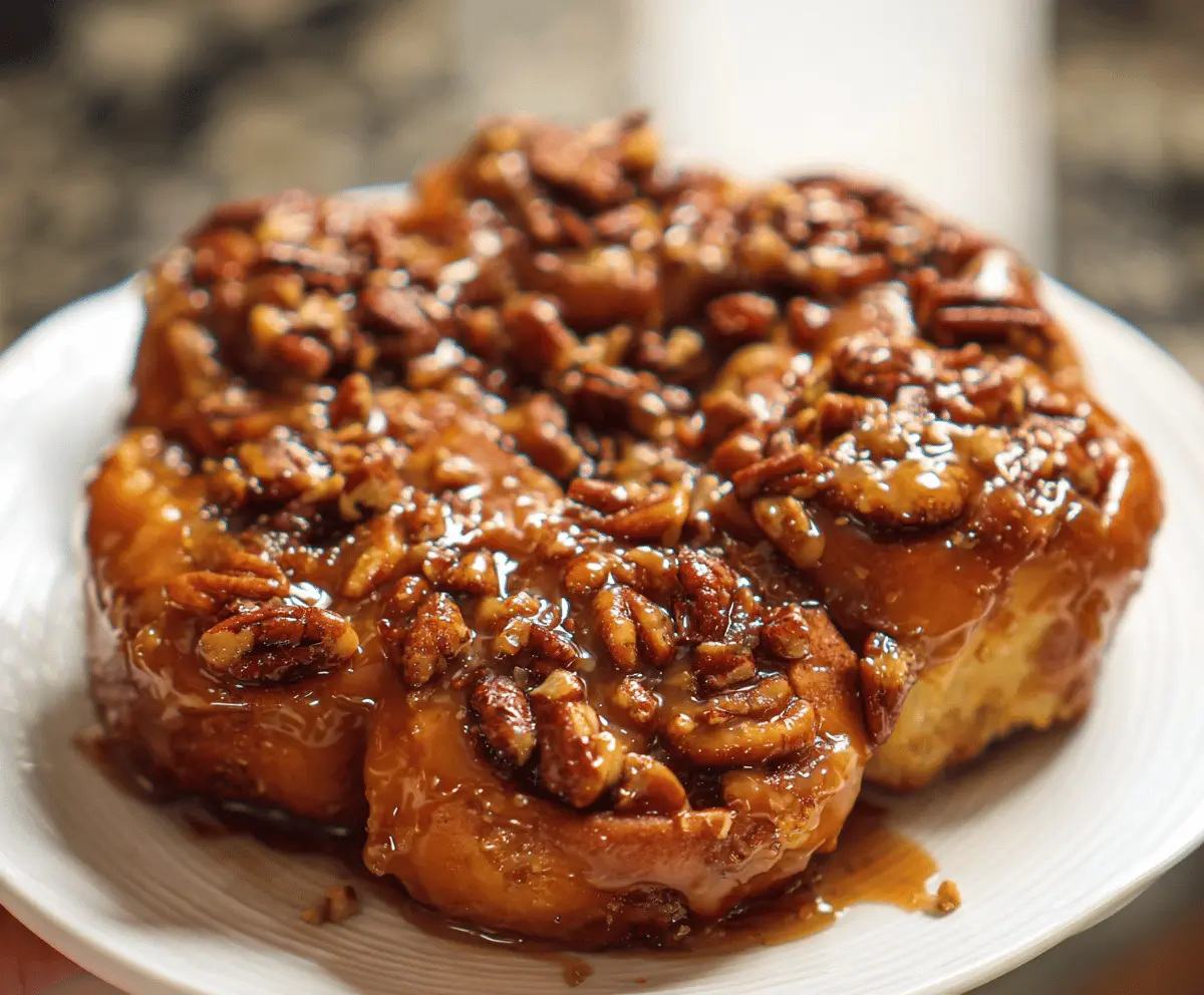Delicious caramel pecan sticky buns topped with caramel sauce and toasted pecans, perfect for breakfast or dessert.