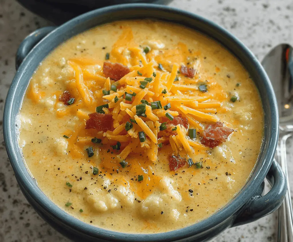 Creamy cheddar cauliflower soup served in a bowl with fresh herbs, perfect for a warm, comforting meal.
