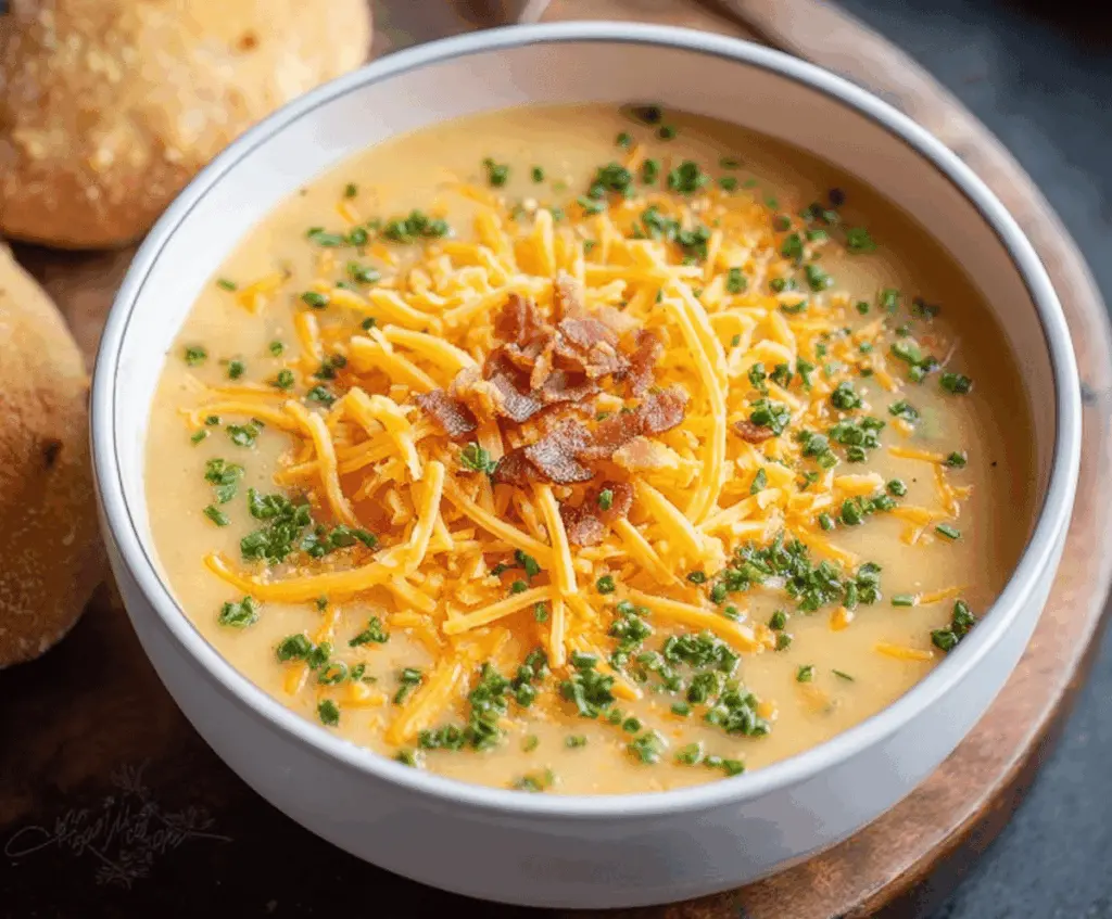 A steaming bowl of creamy Cheddar Potato Soup garnished with chopped herbs and shredded cheddar cheese, served with crusty bread on the side.