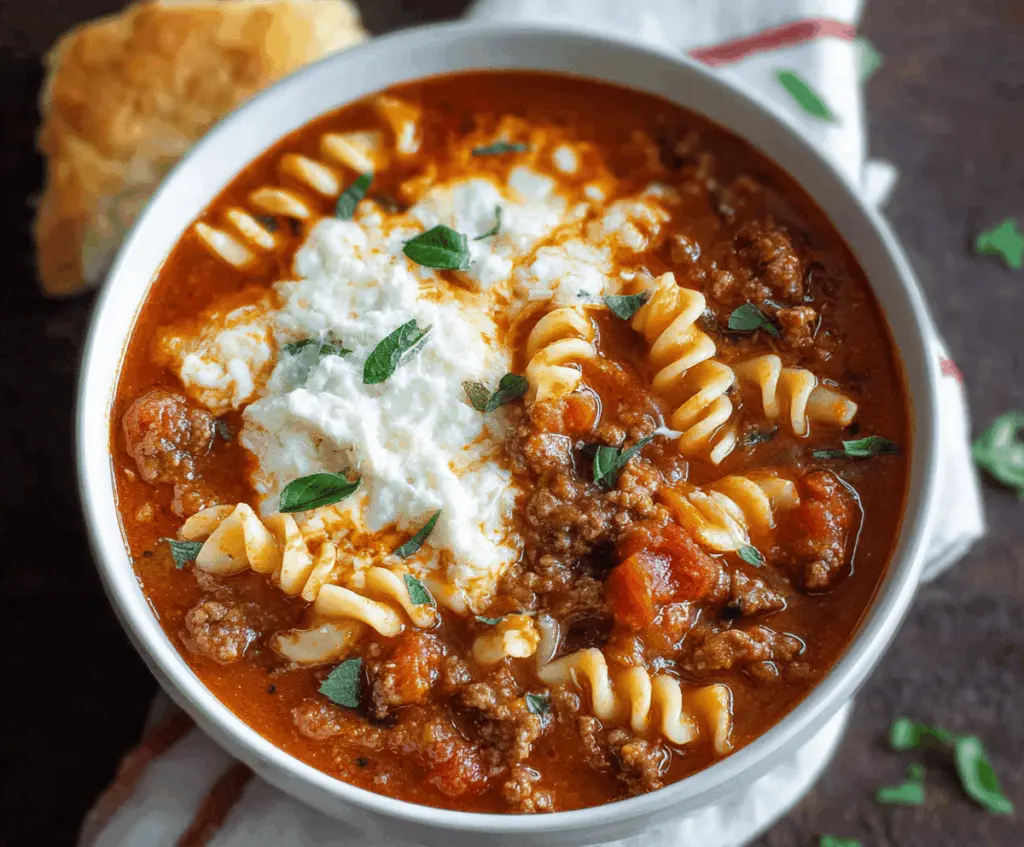 A bowl of cheesy ground beef lasagna soup topped with melted cheese, fresh basil, and a sprinkle of herbs, showcasing a hearty and flavorful Italian-inspired soup.