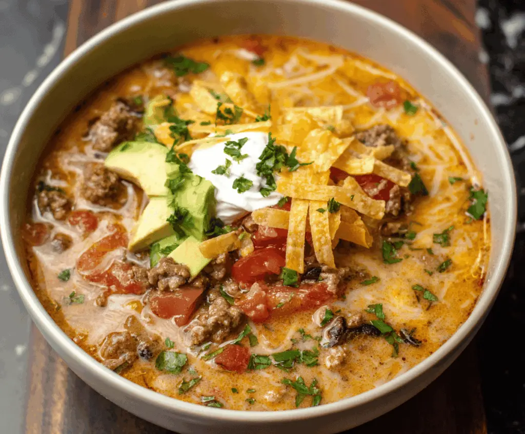 A bowl of Cheesy Ground Beef Taco Soup topped with shredded cheese, fresh cilantro, and sliced jalapeños, served with tortilla chips on the side.