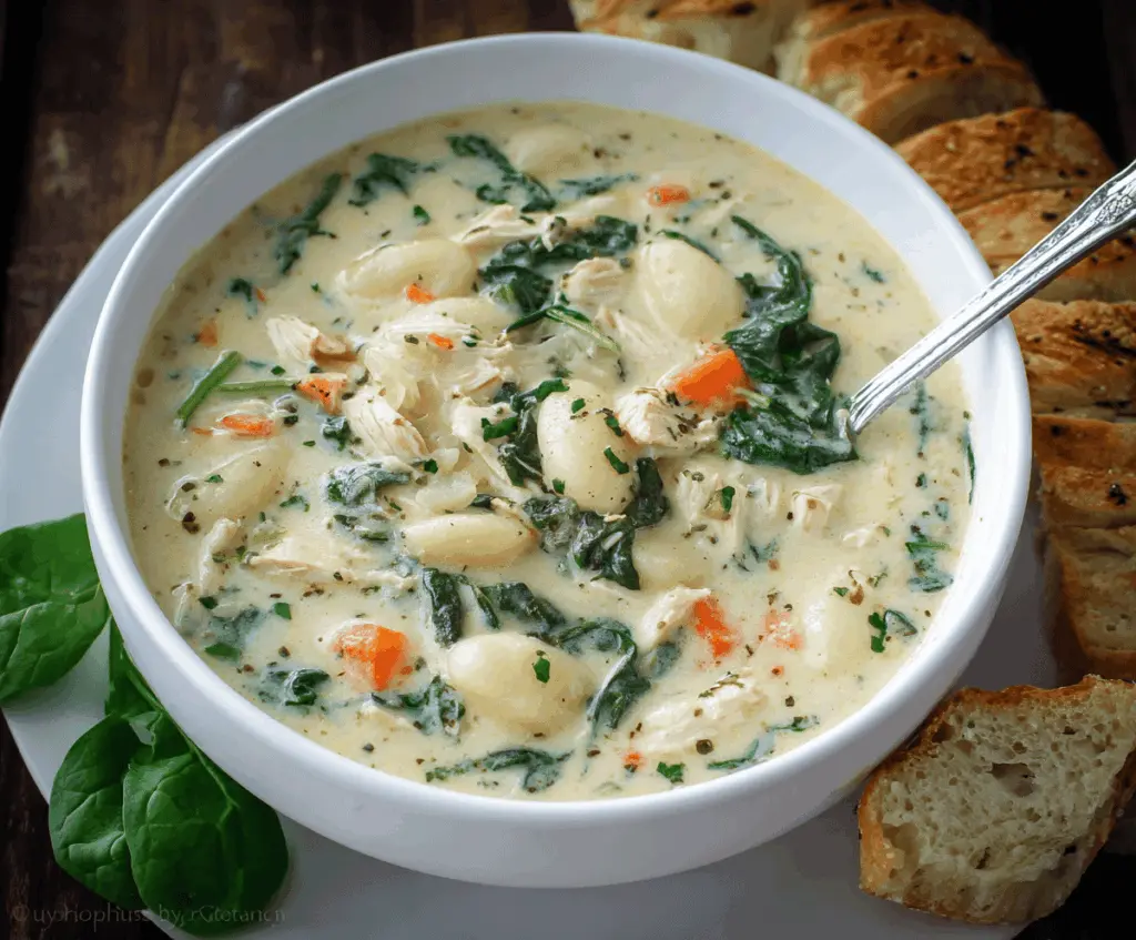 Creamy chicken gnocchi soup with tender chicken pieces, spinach, and soft gnocchi in a flavorful broth, served in a white bowl.