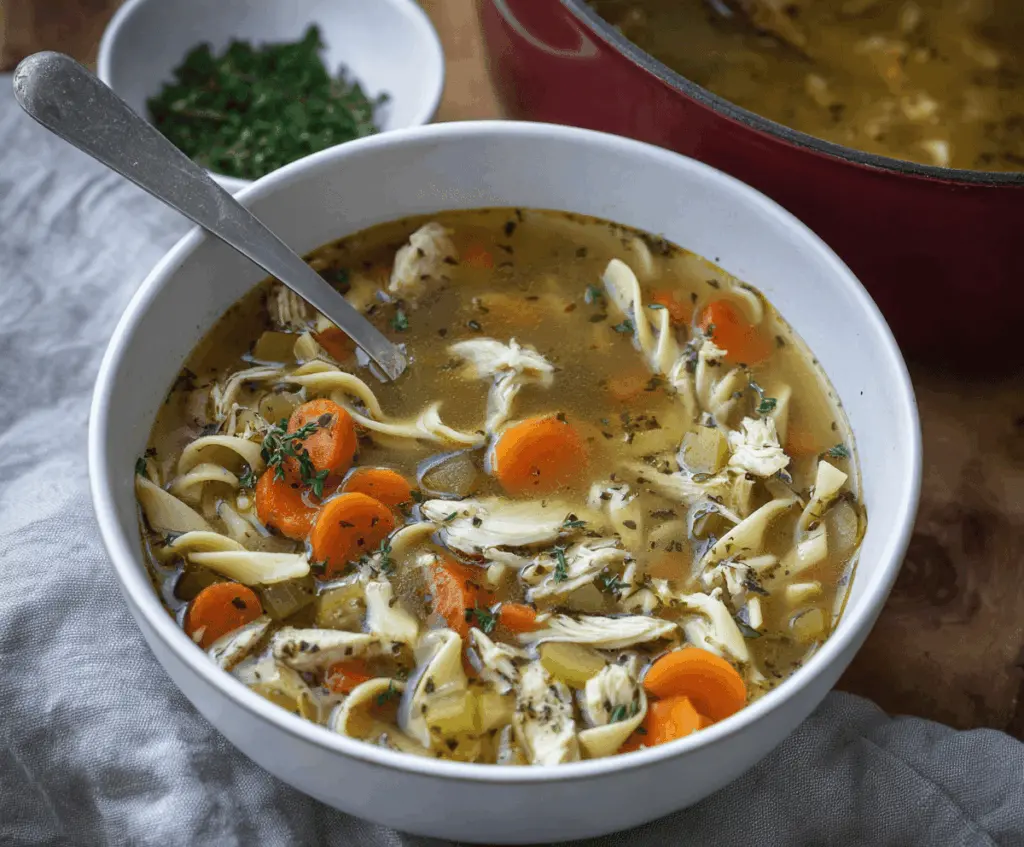 A steaming bowl of chicken noodle soup with tender chicken, colorful vegetables, and fresh herbs in a clear broth, served in a white bowl.