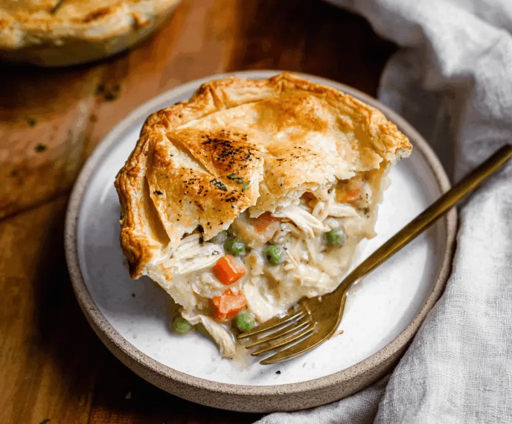 Delicious homemade chicken pot pie with golden crust and hearty filling featuring tender chicken, vegetables, and creamy gravy.