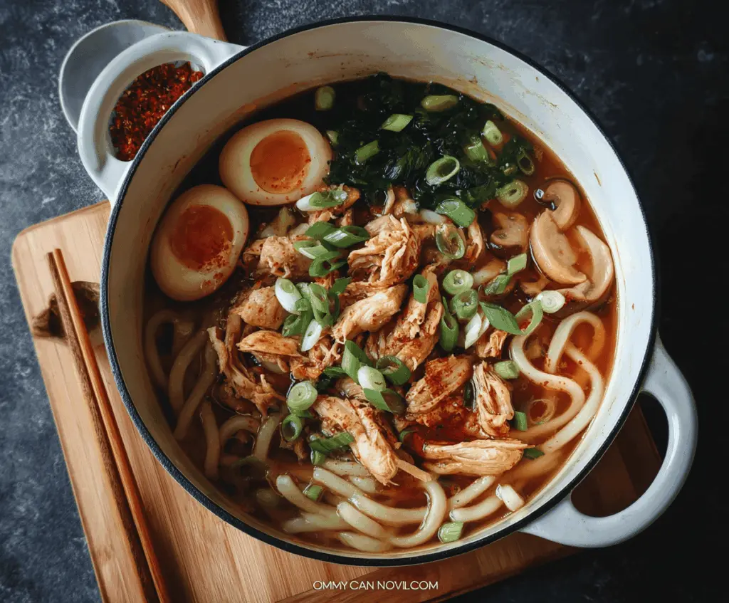 A steaming bowl of chicken udon noodle soup garnished with sliced chicken, green onions, and vegetables in a flavorful broth