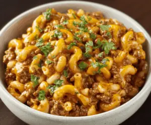 Delicious homemade Chili Mac with seasoned ground beef, pasta, and melted cheese in a bowl ready to serve