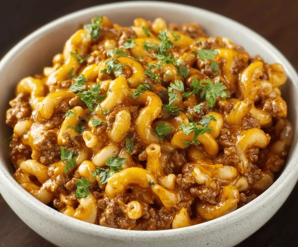 Delicious homemade Chili Mac with seasoned ground beef, pasta, and melted cheese in a bowl ready to serve