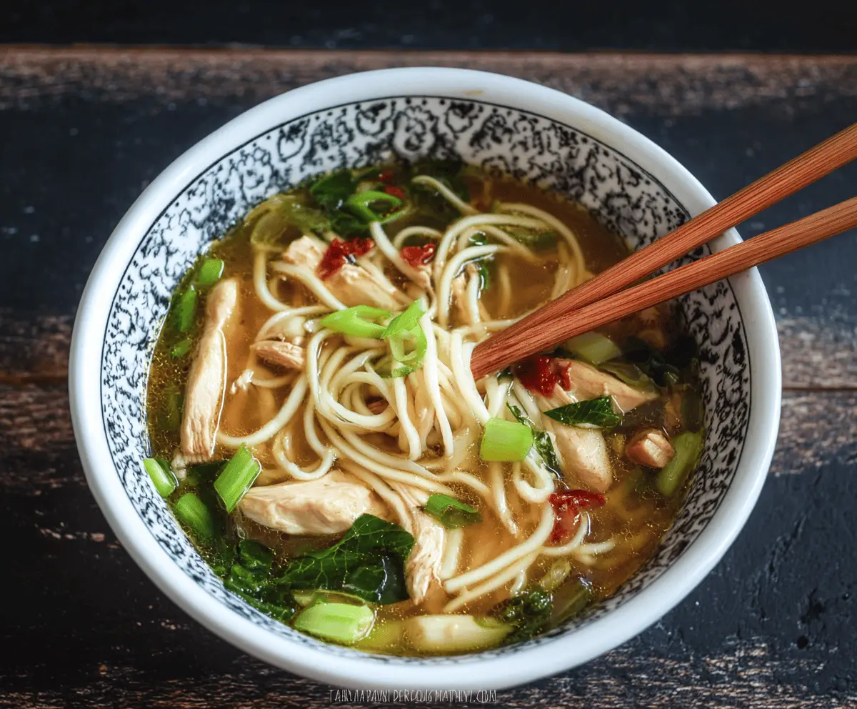 A steaming bowl of Chinese Chicken Noodle Soup garnished with green onions and fresh herbs, featuring tender chicken, colorful vegetables, and rice noodles in a flavorful broth.
