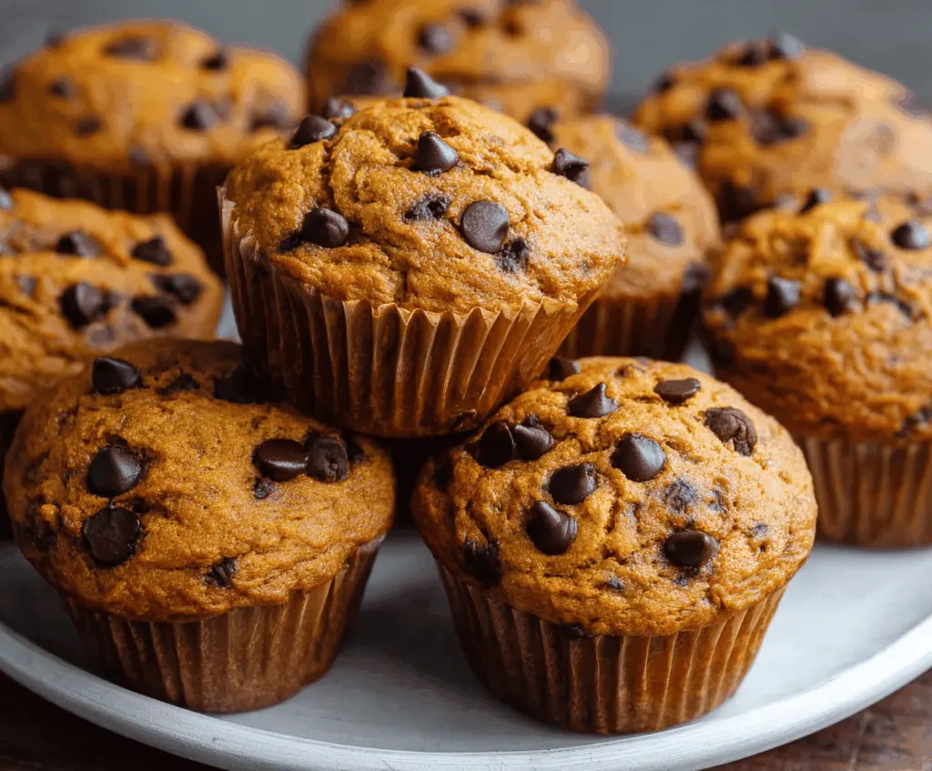 Delicious homemade chocolate chip pumpkin muffins with a moist texture and chocolatey chips on top, perfect for fall baking