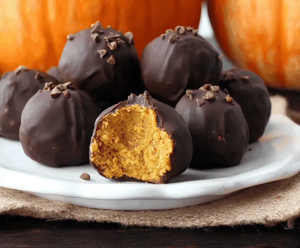 Delicious chocolate-covered pumpkin protein balls arranged on a plate, perfect for healthy snacks and energy boost