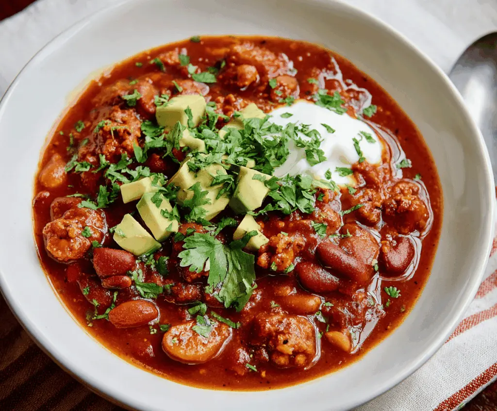 Spicy chorizo chili in a bowl garnished with fresh herbs, served with crusty bread for a flavorful, hearty meal.