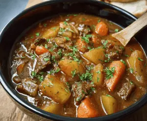 Hearty and savory Crockpot Beef Stew with tender beef chunks, carrots, potatoes, and peas in a rich broth, perfect for comforting meals.