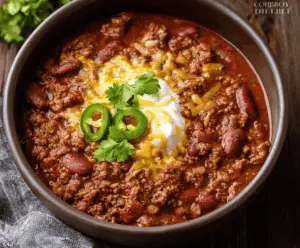 Hearty bowl of Cowboy Chili topped with shredded cheese, sour cream, and chopped green onions, served in a rustic bowl with bread on the side.
