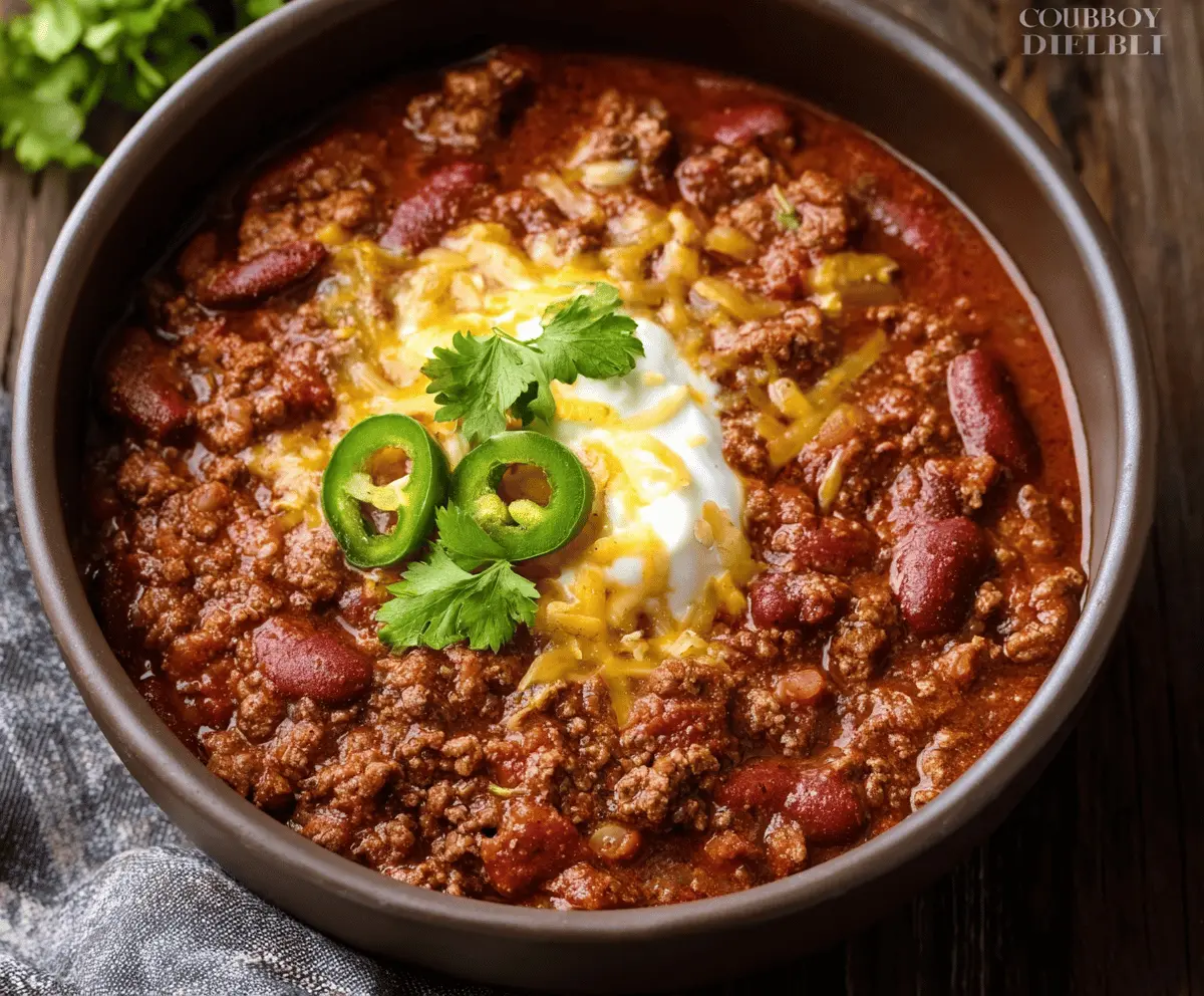 Hearty bowl of Cowboy Chili topped with shredded cheese, sour cream, and chopped green onions, served in a rustic bowl with bread on the side.