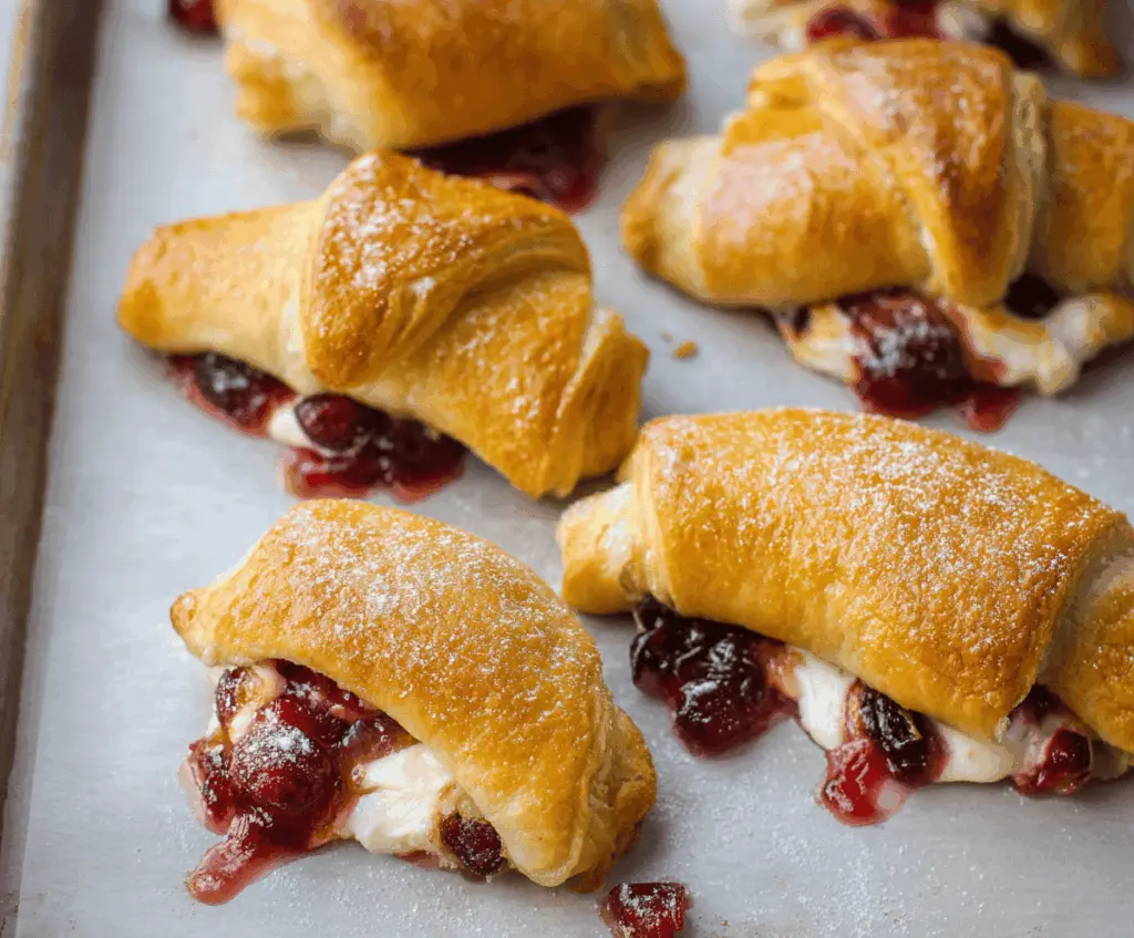 Delicious cranberry cream cheese crescent rolls fresh out of the oven, featuring golden flaky layers filled with sweet cranberry and creamy cheese filling.