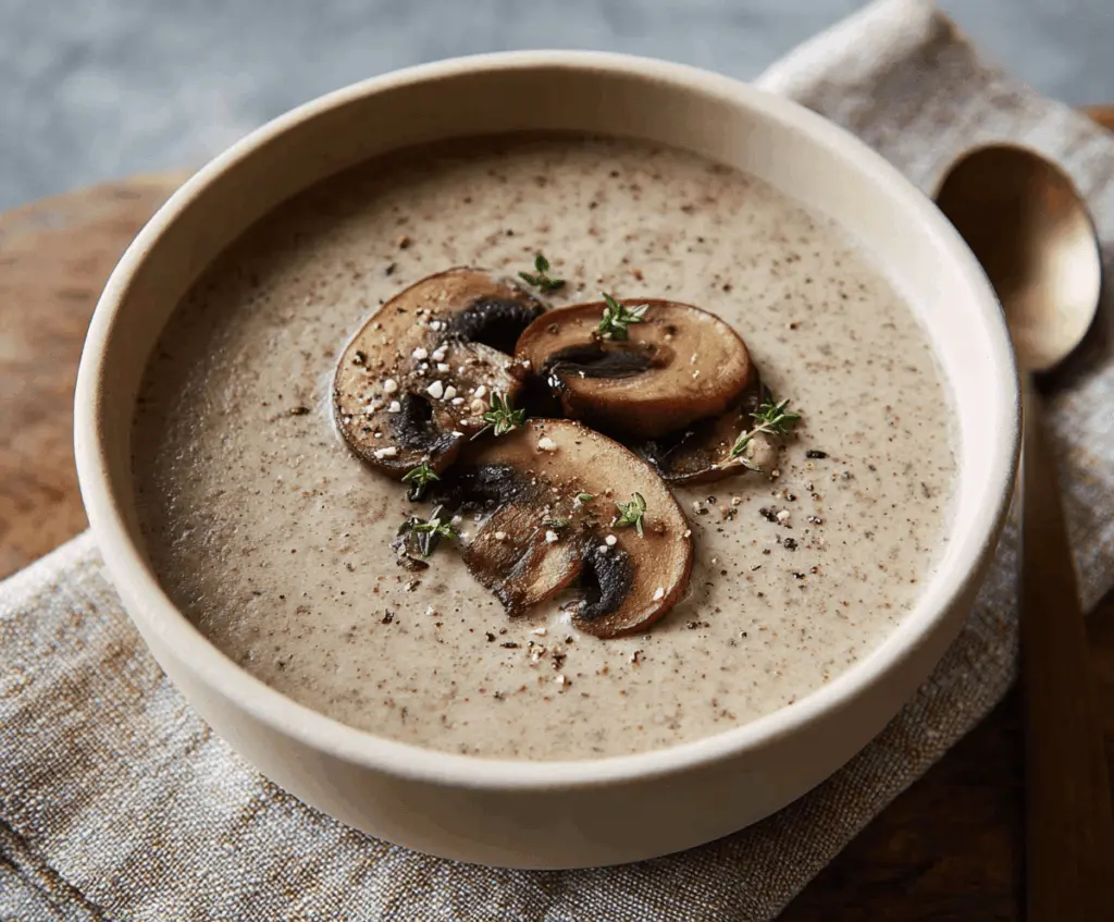 Cream of Mushroom Soup in a bowl with fresh herbs, served with bread for a cozy, comforting meal.