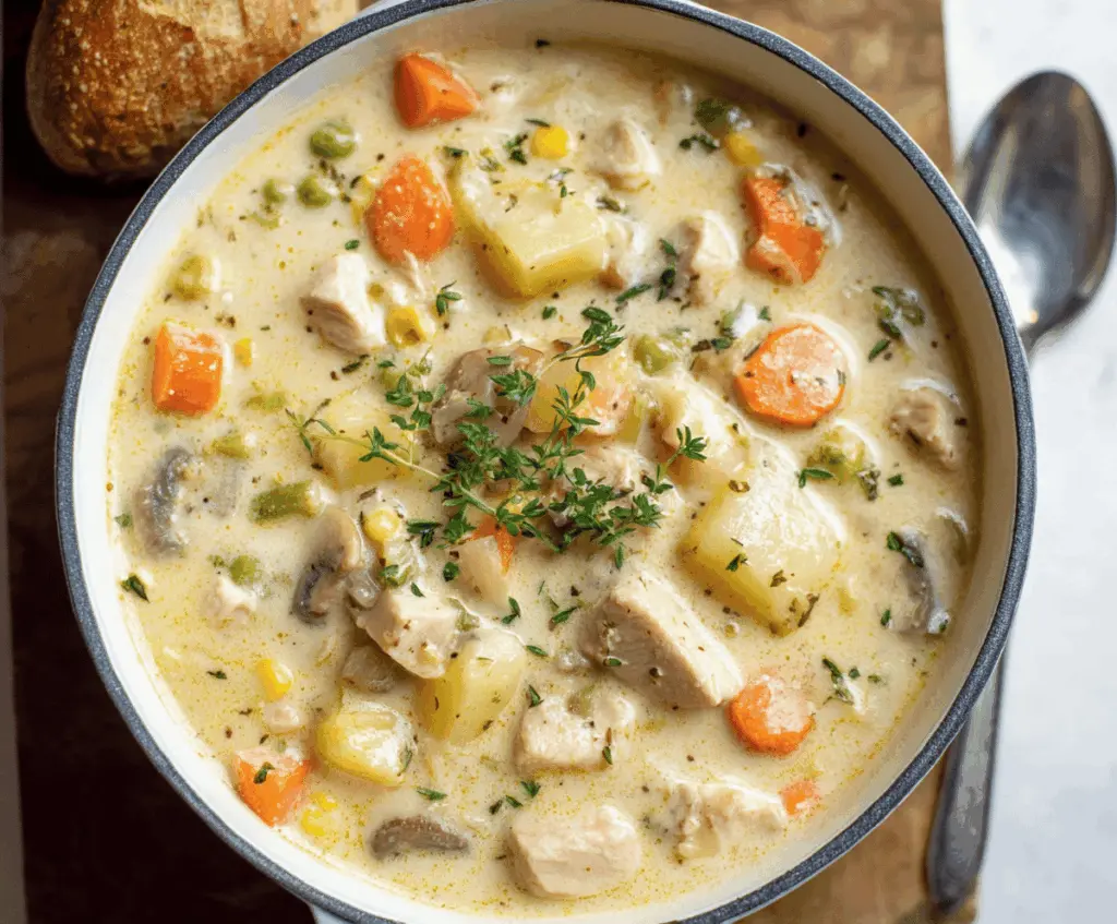 Creamy Chicken Maryland Soup served in a bowl with herbs and vegetables, featuring tender chicken pieces in a rich, flavorful broth