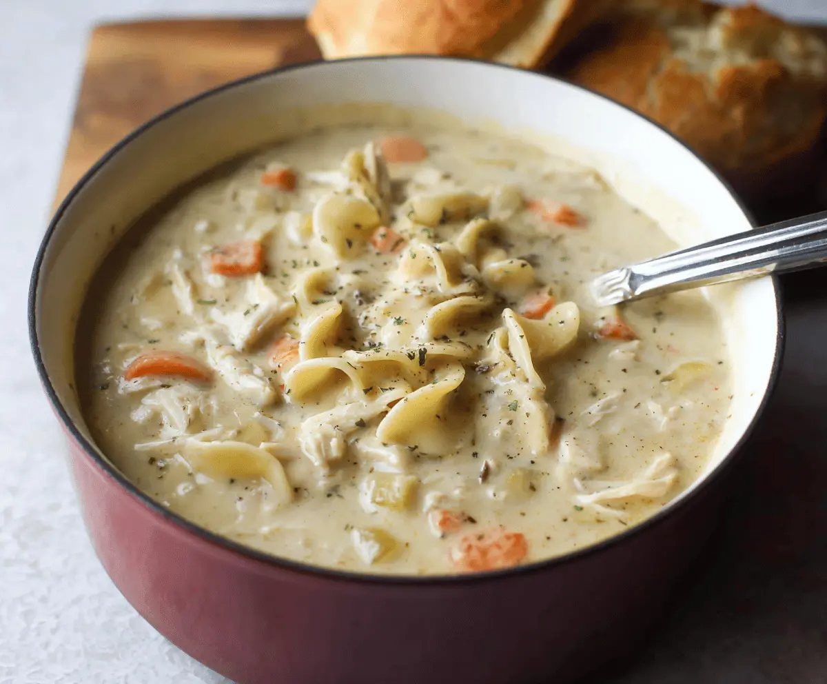A bowl of creamy chicken noodle soup garnished with fresh herbs, featuring tender chicken, egg noodles, and a rich, savory broth.