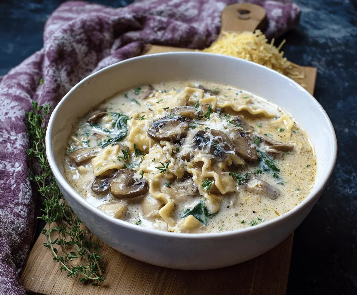 A bowl of creamy mushroom lasagna soup garnished with fresh herbs and melted cheese, served with crusty bread on a rustic wooden table.