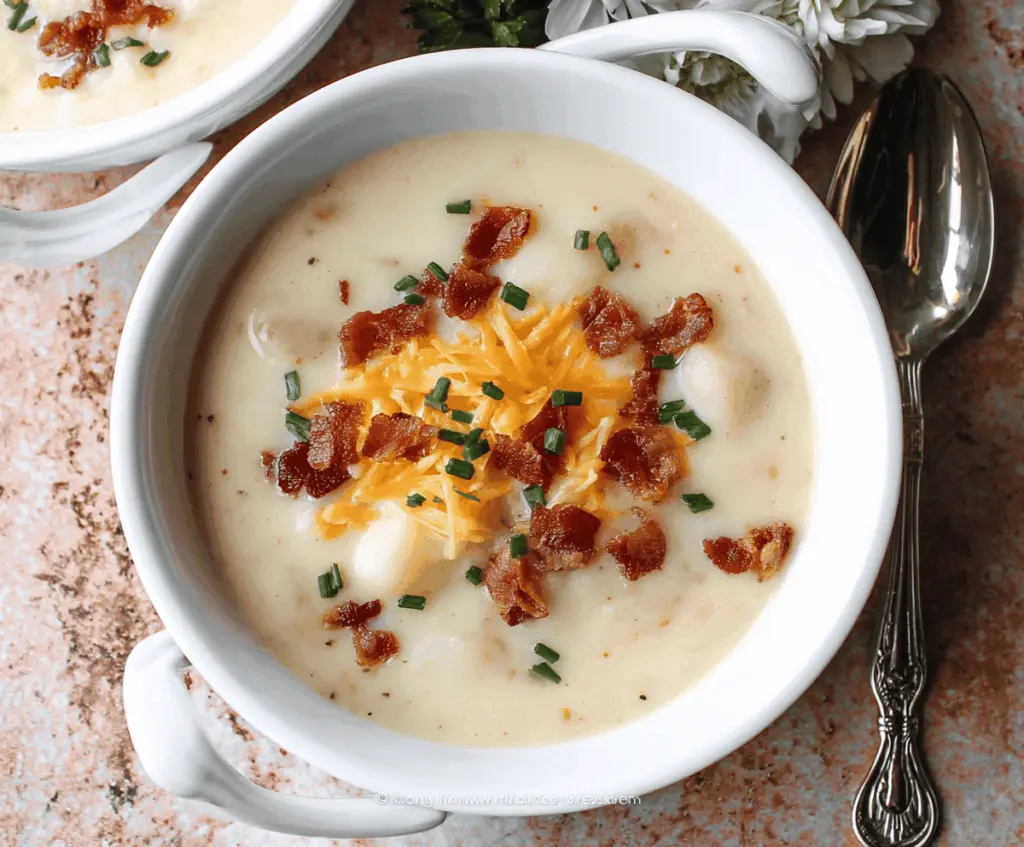 Creamy potato soup in a bowl garnished with herbs, served with crusty bread on a rustic wooden table