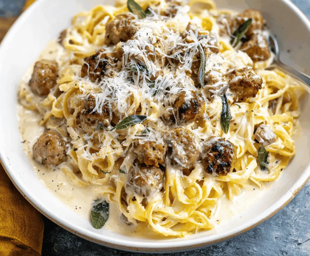 Creamy Sausage Alfredo dish topped with fresh herbs in a white bowl, featuring rich, velvety sauce, cooked pasta, and flavorful sausage pieces.