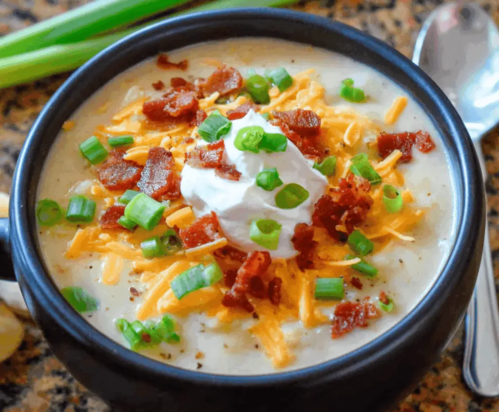 Creamy Crockpot Baked Potato Soup in a bowl with shredded cheese, green onions, and bacon bits, perfect for cozy comfort meals
