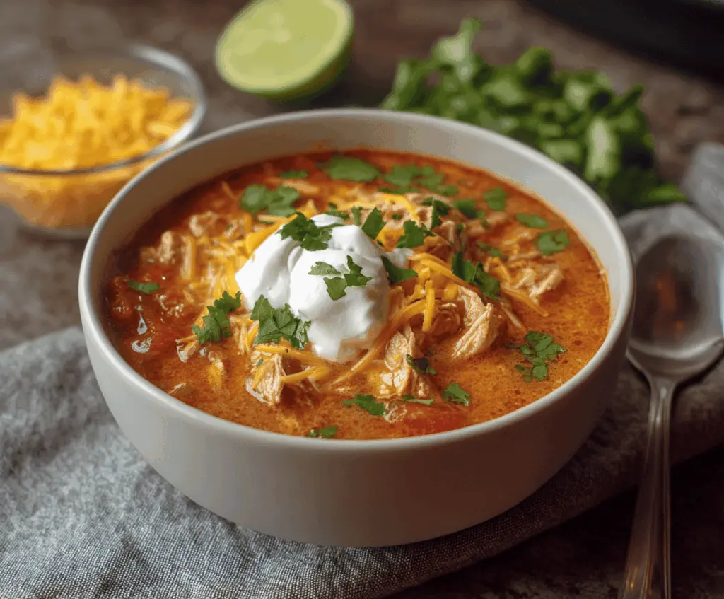 Delicious Crockpot Keto Chicken Taco Soup in a bowl with fresh toppings, perfect for low-carb, high-protein keto diet meals