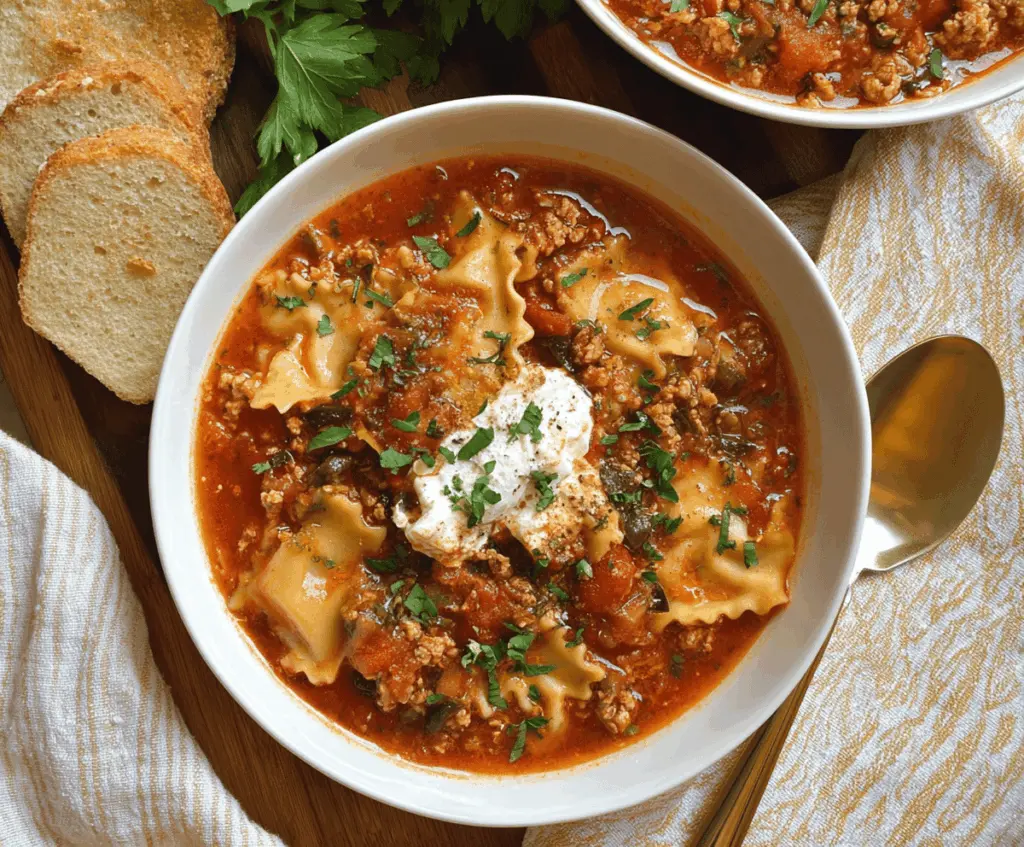 Delicious dairy-free lasagna soup served in a bowl with melted cheese, fresh basil, and pasta noodles, perfect for a comforting gluten-free meal