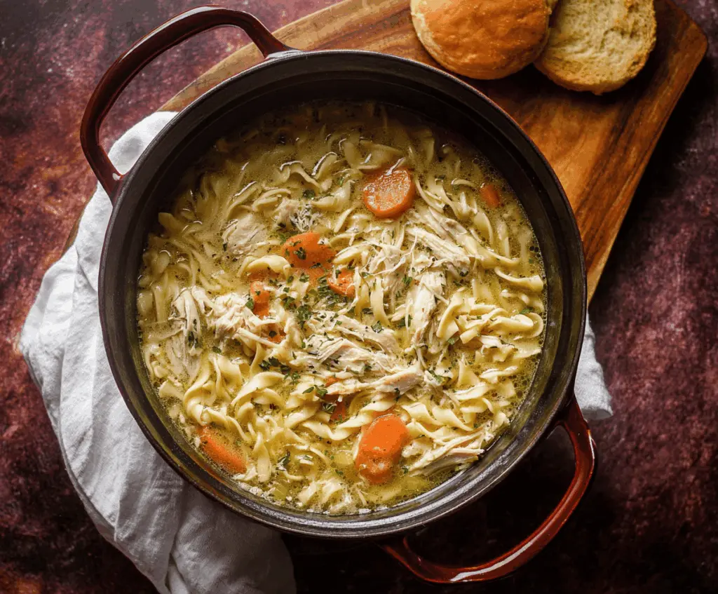 Hearty Dutch Oven Chicken Noodle Soup in a rustic bowl with fresh herbs and vegetables